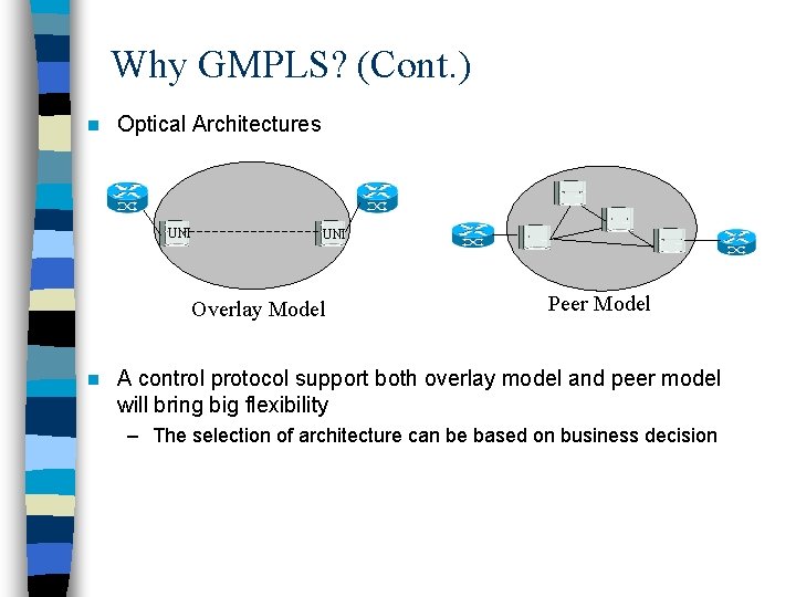 Why GMPLS? (Cont. ) n Optical Architectures UNI Overlay Model n Peer Model A