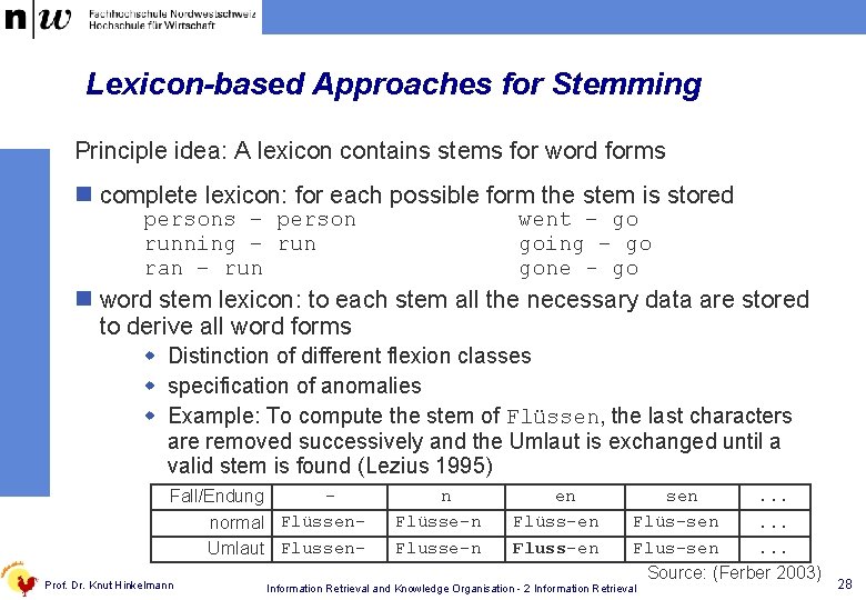 Lexicon-based Approaches for Stemming Principle idea: A lexicon contains stems for word forms n