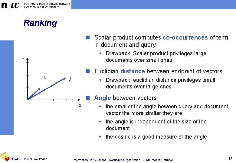 Ranking n Scalar product computes co-occurrences of term in document and query w Drawback: