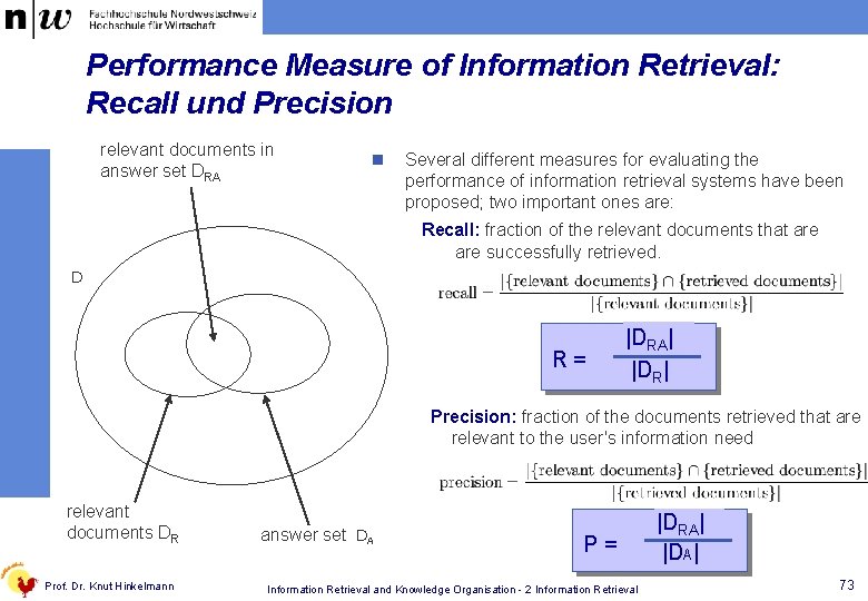 Performance Measure of Information Retrieval: Recall und Precision relevant documents in answer set DRA