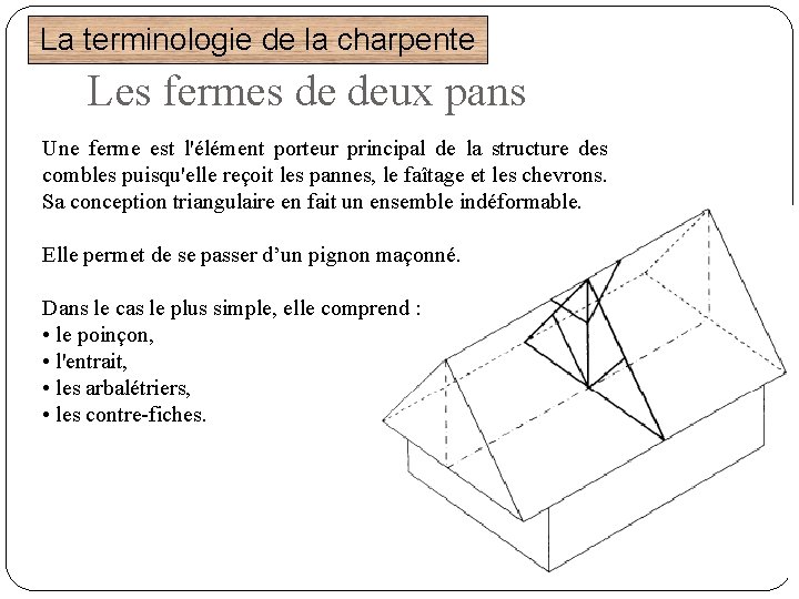 La terminologie de la charpente Les fermes de deux pans Une ferme est l'élément