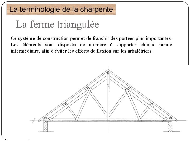 La terminologie de la charpente La ferme triangulée Ce système de construction permet de