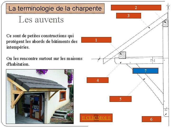 La terminologie de la charpente Panne faitière 2 ou muralière 3 Chevron Les auvents