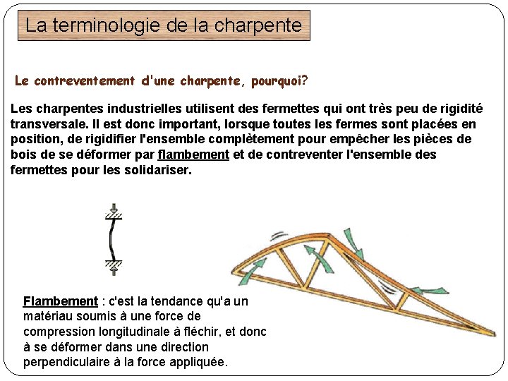 La terminologie de la charpente Le contreventement d'une charpente, pourquoi? Les charpentes industrielles utilisent