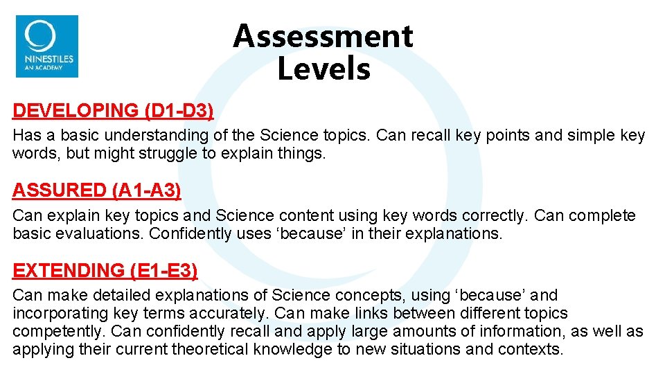 Assessment Levels DEVELOPING (D 1 -D 3) Has a basic understanding of the Science Assessment Levels DEVELOPING (D 1 -D 3) Has a basic understanding of the Science
