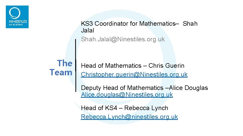 KS 3 Coordinator for Mathematics– Shah Jalal Shah. Jalal@Ninestiles. org. uk The Team Head KS 3 Coordinator for Mathematics– Shah Jalal Shah. Jalal@Ninestiles. org. uk The Team Head