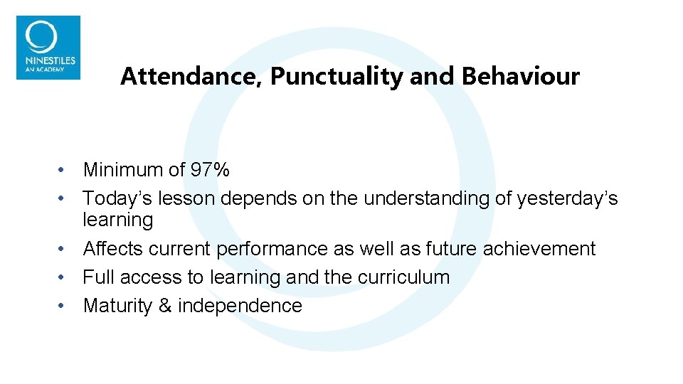 Attendance, Punctuality and Behaviour • Minimum of 97% • Today’s lesson depends on the Attendance, Punctuality and Behaviour • Minimum of 97% • Today’s lesson depends on the