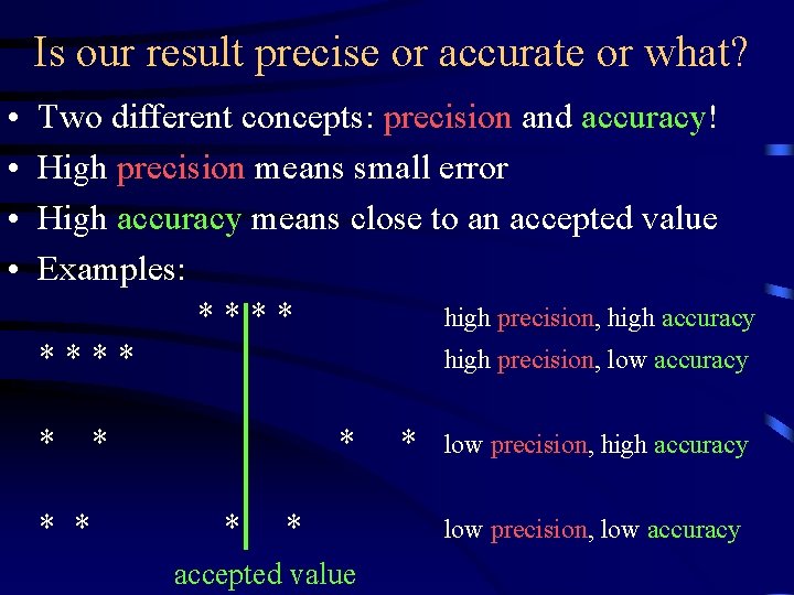 Is our result precise or accurate or what? • • Two different concepts: precision