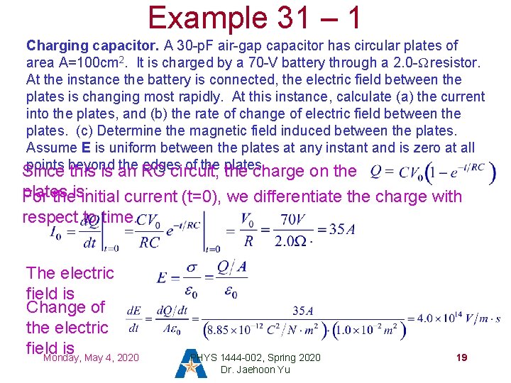 Example 31 – 1 Charging capacitor. A 30 -p. F air-gap capacitor has circular