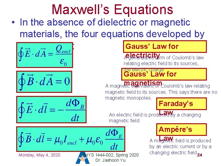 Maxwell’s Equations • In the absence of dielectric or magnetic materials, the four equations