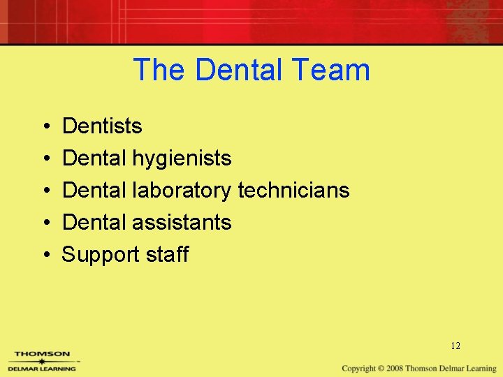 The Dental Team • • • Dentists Dental hygienists Dental laboratory technicians Dental assistants The Dental Team • • • Dentists Dental hygienists Dental laboratory technicians Dental assistants