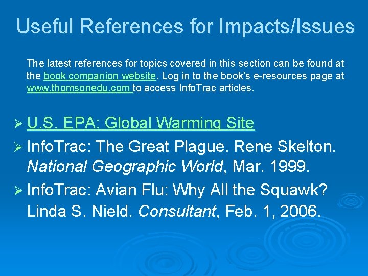 Useful References for Impacts/Issues The latest references for topics covered in this section can
