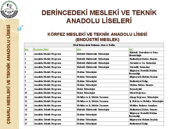 ÇINARLI MESLEKİ VE TEKNİK ANADOLU LİSESİ DERİNCEDEKİ MESLEKİ VE TEKNİK ANADOLU LİSELERİ KÖRFEZ MESLEKİ