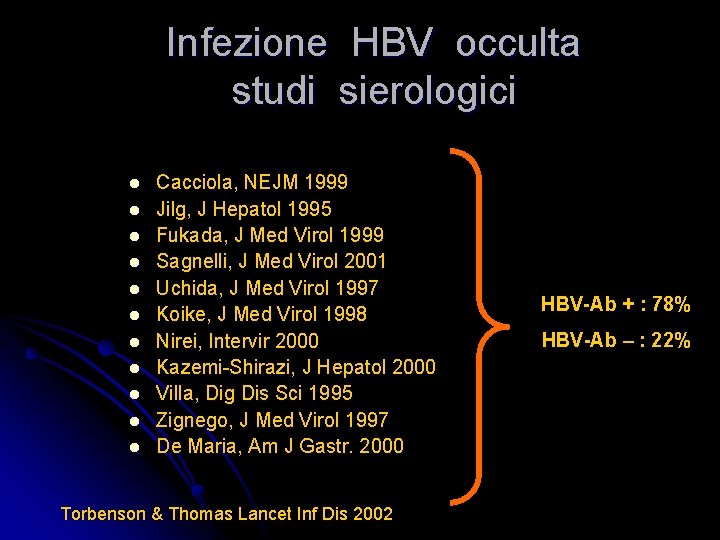 Infezione HBV occulta studi sierologici l l l Cacciola, NEJM 1999 Jilg, J Hepatol