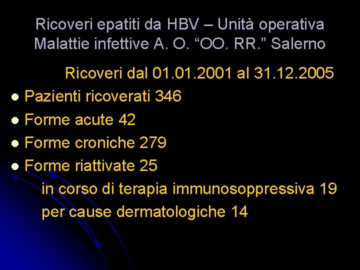 Ricoveri epatiti da HBV – Unità operativa Malattie infettive A. O. “OO. RR. ”