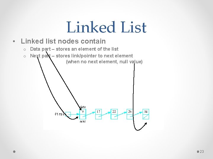Linked List • Linked list nodes contain o Data part – stores an element