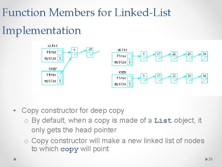 Function Members for Linked-List Implementation Shallow Copy • Copy constructor for deep copy o