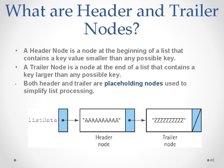 What are Header and Trailer Nodes? • A Header Node is a node at