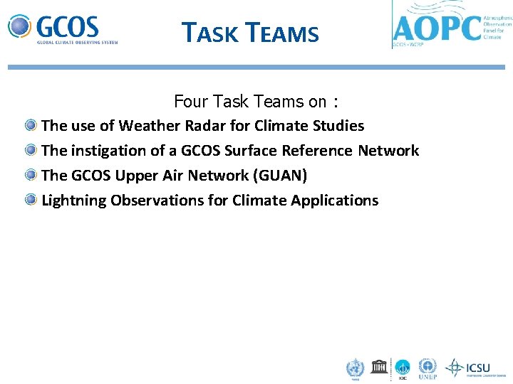 TASK TEAMS Four Task Teams on : The use of Weather Radar for Climate