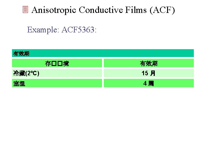 3 Anisotropic Conductive Films (ACF) Example: ACF 5363: 有效期 存��境 有效期 冷藏(2ºC) 15 月