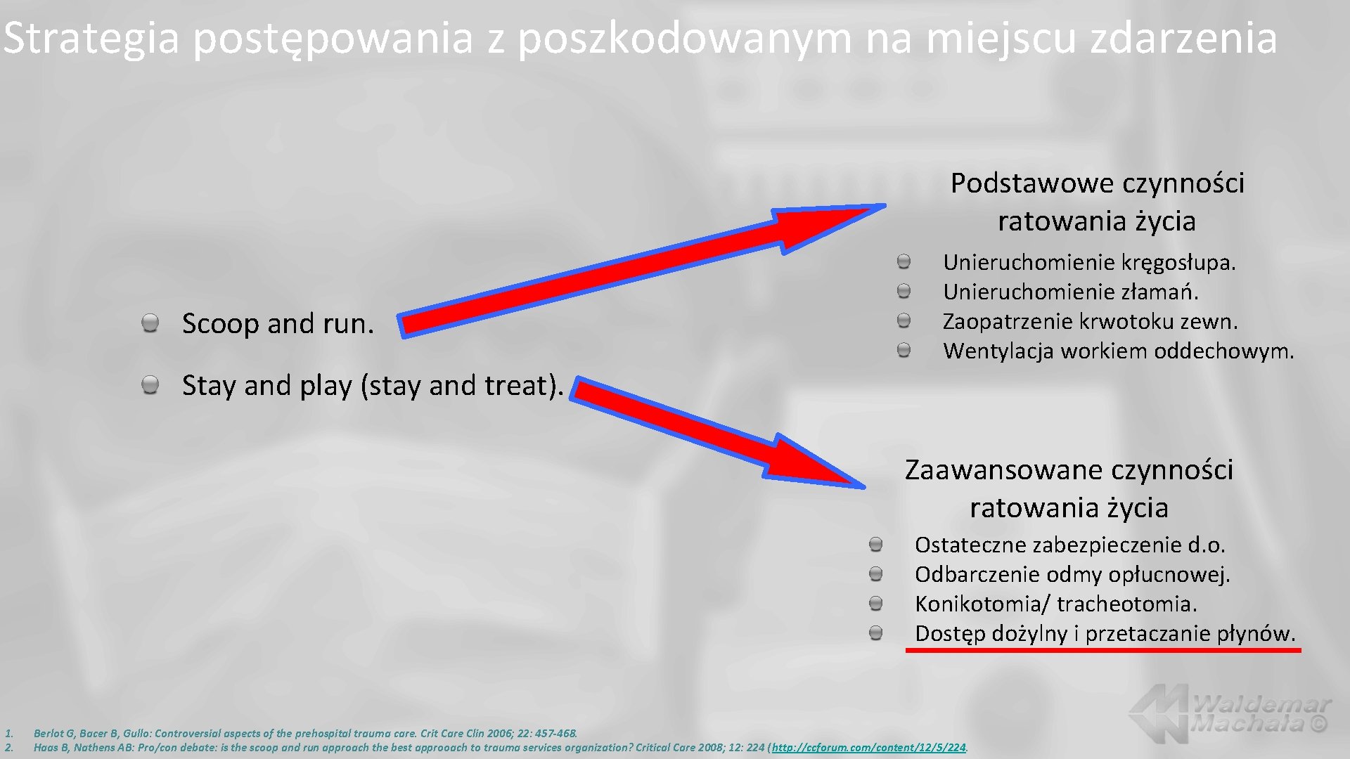 Strategia postępowania z poszkodowanym na miejscu zdarzenia Podstawowe czynności ratowania życia Scoop and run.