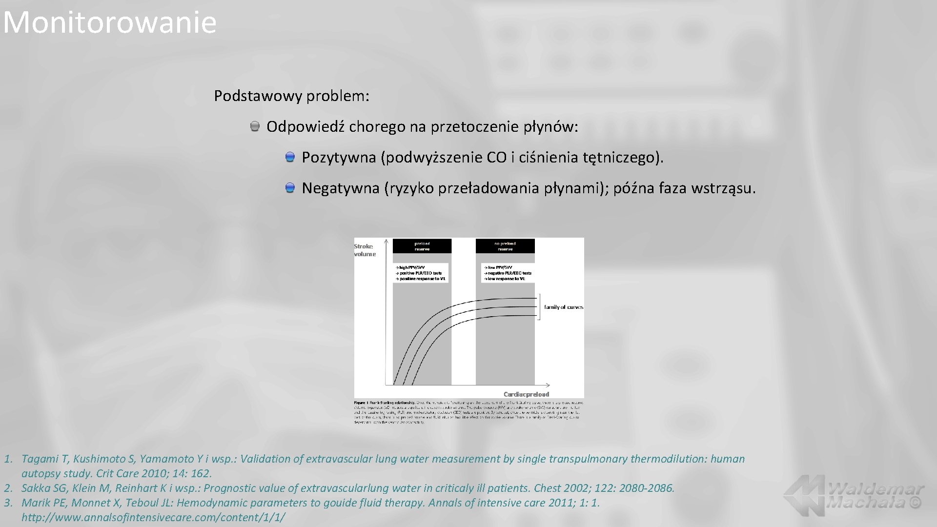 Monitorowanie Podstawowy problem: Odpowiedź chorego na przetoczenie płynów: Pozytywna (podwyższenie CO i ciśnienia tętniczego).