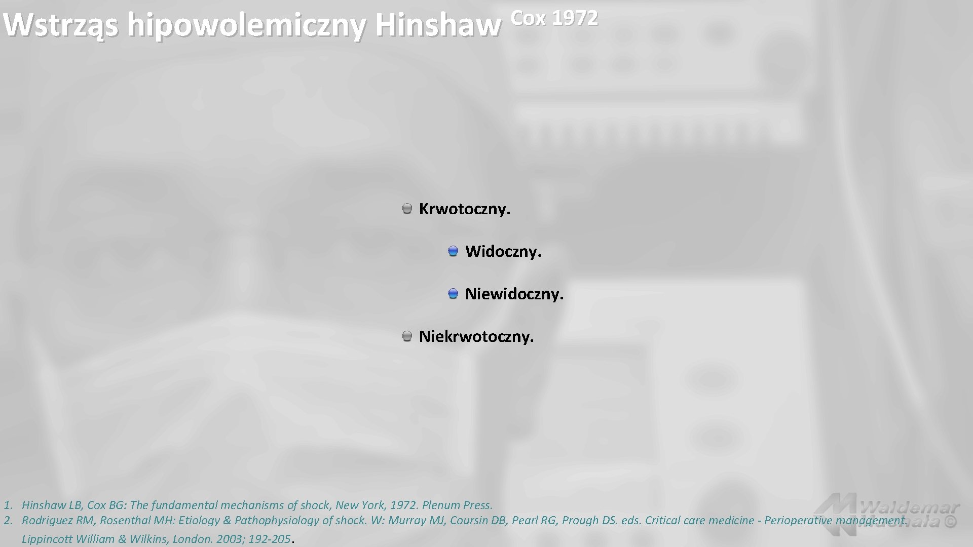 Wstrząs hipowolemiczny Hinshaw Cox 1972 Krwotoczny. Widoczny. Niewidoczny. Niekrwotoczny. 1. Hinshaw LB, Cox BG: