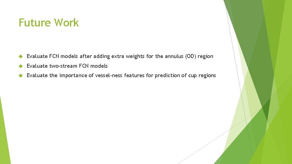 Future Work Evaluate FCN models after adding extra weights for the annulus (OD) region Future Work Evaluate FCN models after adding extra weights for the annulus (OD) region