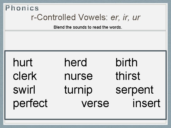 r-Controlled Vowels: er, ir, ur Blend the sounds to read the words. hurt clerk