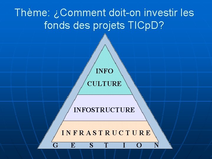 Thème: ¿Comment doit-on investir les fonds des projets TICp. D? INFO CULTURE CULTURA INFOSTRUCTURE