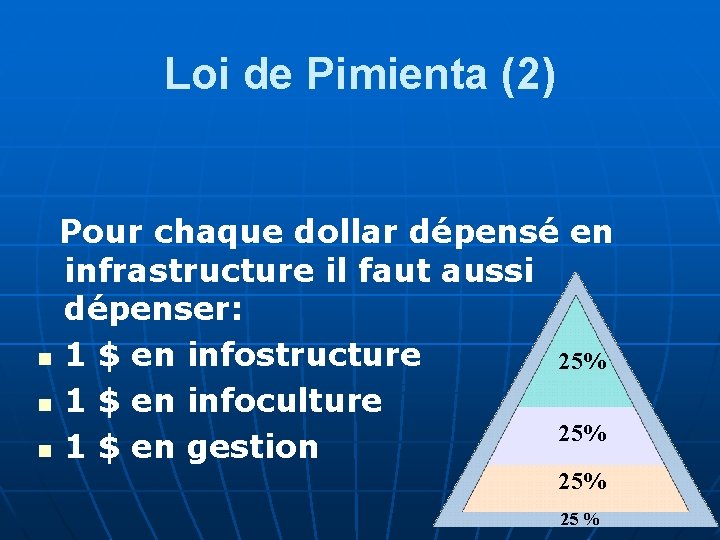 Loi de Pimienta (2) Pour chaque dollar dépensé en infrastructure il faut aussi dépenser: