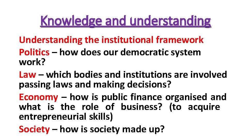 Knowledge and understanding Understanding the institutional framework Politics – how does our democratic system Knowledge and understanding Understanding the institutional framework Politics – how does our democratic system