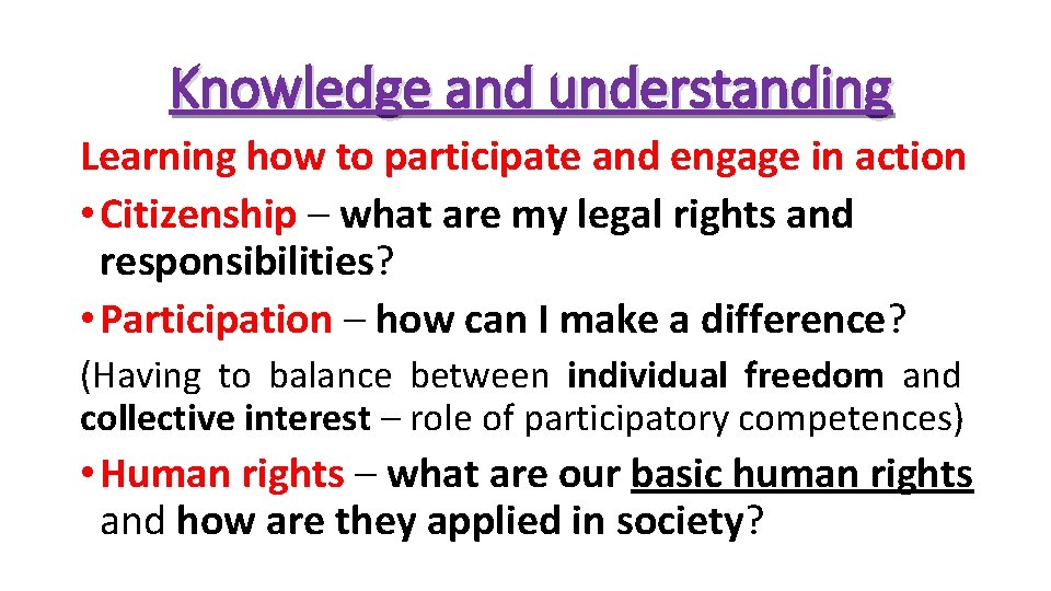 Knowledge and understanding Learning how to participate and engage in action • Citizenship – Knowledge and understanding Learning how to participate and engage in action • Citizenship –