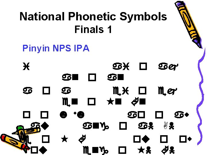 National Phonetic Symbols Finals 1 Pinyin NPS IPA i ai � aj an �