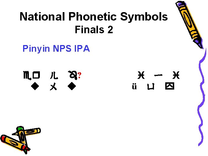 National Phonetic Symbols Finals 2 Pinyin NPS IPA er ㄦ ? u ㄨ u