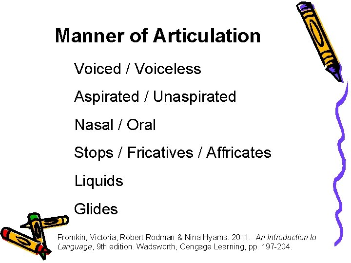 Manner of Articulation Voiced / Voiceless Aspirated / Unaspirated Nasal / Oral Stops /