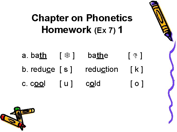 Chapter on Phonetics Homework (Ex 7) 1 a. bath [ ] bathe [ ]