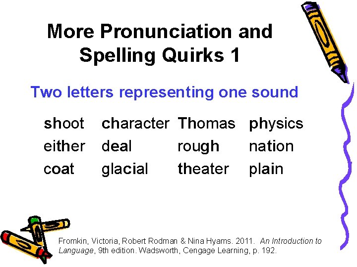 More Pronunciation and Spelling Quirks 1 Two letters representing one sound shoot either coat