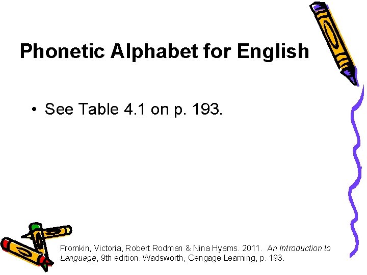 Phonetic Alphabet for English • See Table 4. 1 on p. 193. Fromkin, Victoria,