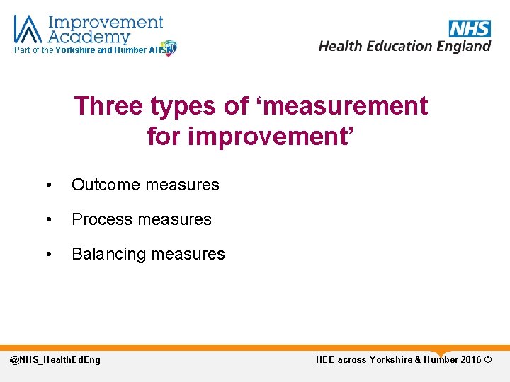 Part of the Yorkshire and Humber AHSN Three types of ‘measurement for improvement’ •