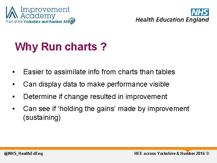 Part of the Yorkshire and Humber AHSN Why Run charts ? • Easier to