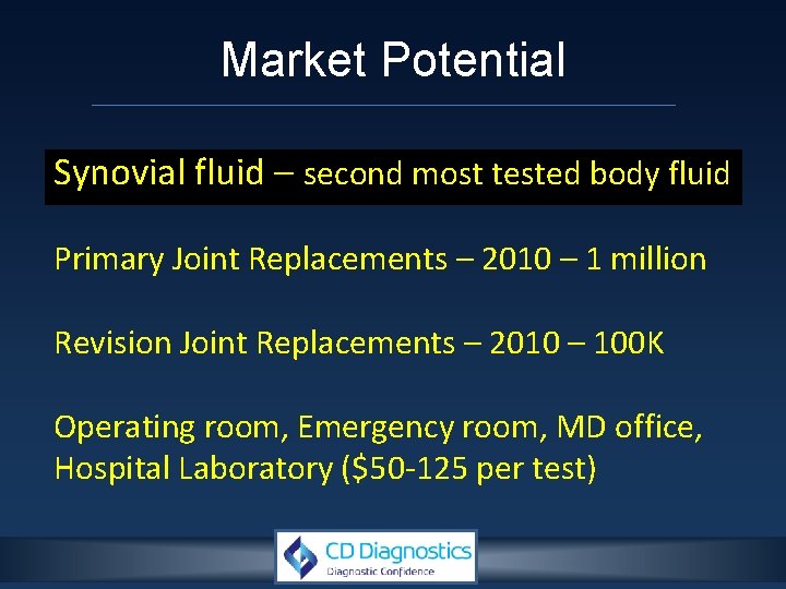 Market Potential Synovial fluid – second most tested body fluid Primary Joint Replacements –