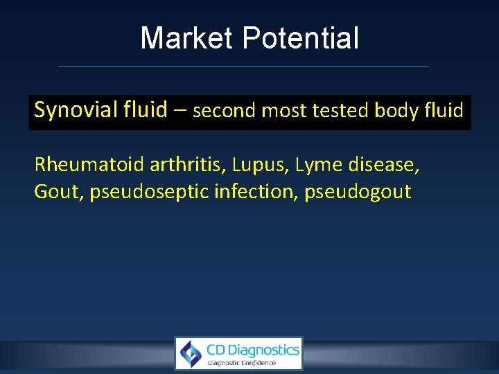 Market Potential Synovial fluid – second most tested body fluid Rheumatoid arthritis, Lupus, Lyme