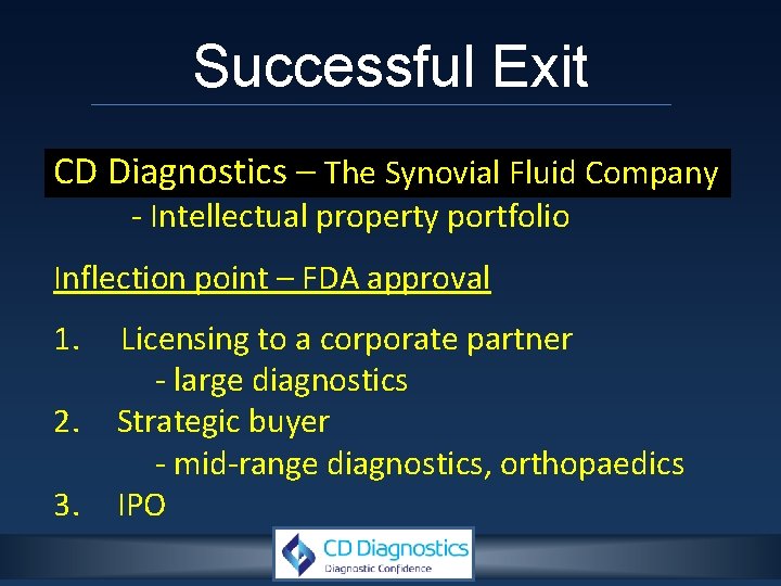 Successful Exit CD Diagnostics – The Synovial Fluid Company - Intellectual property portfolio Inflection