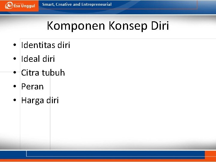 Komponen Konsep Diri • • • Identitas diri Ideal diri Citra tubuh Peran Harga Komponen Konsep Diri • • • Identitas diri Ideal diri Citra tubuh Peran Harga