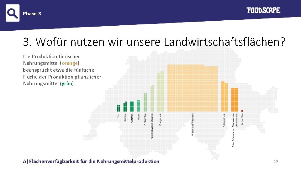 Phase 3 3. Wofür nutzen wir unsere Landwirtschaftsflächen? Die Produktion tierischer Nahrungsmittel (orange) beansprucht