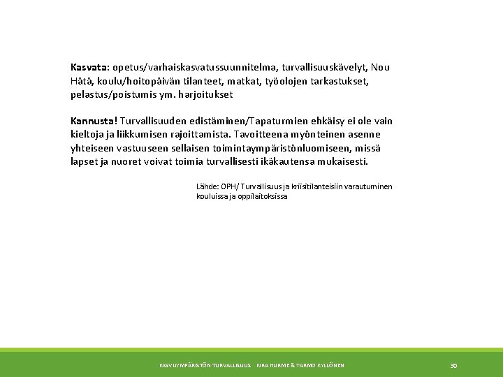 Kasvata: opetus/varhaiskasvatussuunnitelma, turvallisuuskävelyt, Nou Hätä, koulu/hoitopäivän tilanteet, matkat, työolojen tarkastukset, pelastus/poistumis ym. harjoitukset Kannusta!