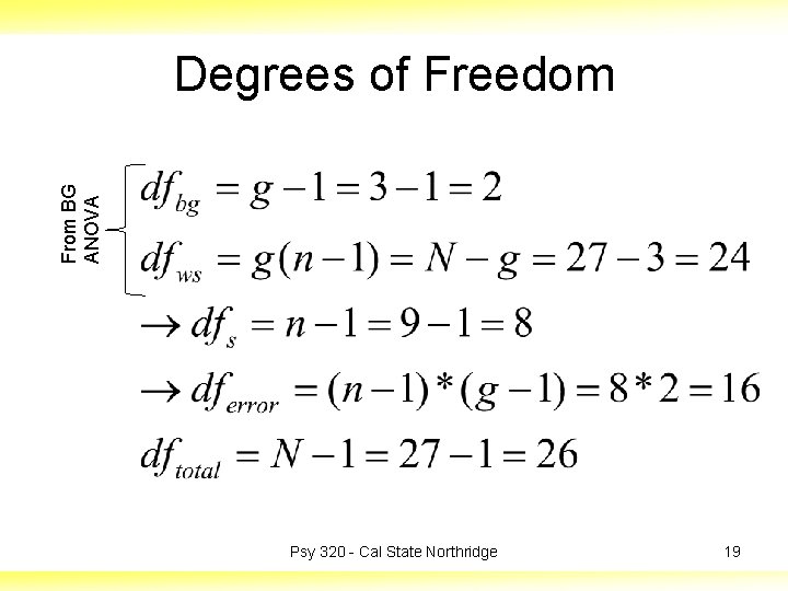 From BG ANOVA Degrees of Freedom Psy 320 - Cal State Northridge 19 