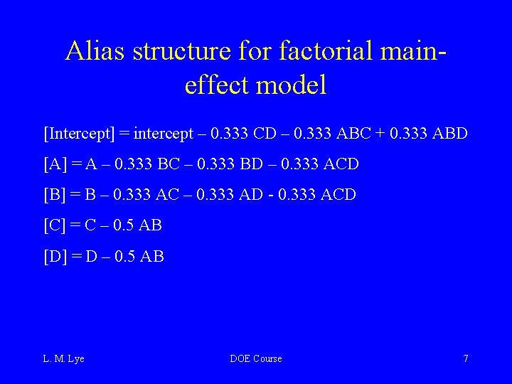 Alias structure for factorial maineffect model [Intercept] = intercept – 0. 333 CD –