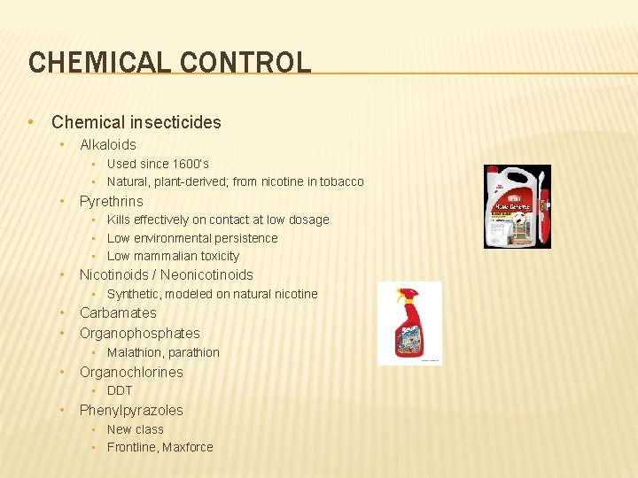 CHEMICAL CONTROL • Chemical insecticides • Alkaloids • Used since 1600’s • Natural, plant-derived;
